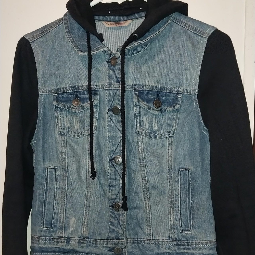 Highway Jeans Blue Denim Jacket with Black Hooded Sleeves